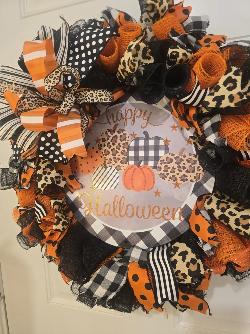 Halloween Pumpkin Wreath with Leopard and Plaid Accents